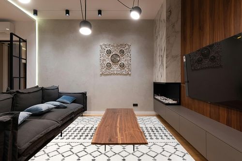 nuLOOM Zola Geometric Moroccan Area Rug, 9x12, Grey in Dark Wood Living Room with Black Couch