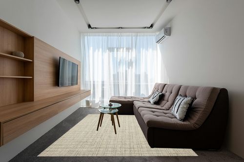 Chris Loves Julia x Loloi Polly Collection POL-03 Antique / Mist 7'-9" x 9'-9" Area Rug in Grey Living Room with Brown Couch