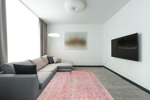 GLN Rugs Stain Resistant Machine Washable Area Rug - Vintage Boho Distressed Aesthetic - Non-Slip Backing - Indoor Floor Home Decor for Bedroom Kitchen Living & Dining Room (6' x 9') in Modern Living Room with Grey Couch