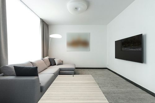 Nourison Grafix Abstract Ivory Grey 5'3" x 7'3" area-rug, easy-clean, Non Shedding, Bed Room, Living Room, Dining Room, Kitchen (5x7) in Modern Living Room with Grey Couch