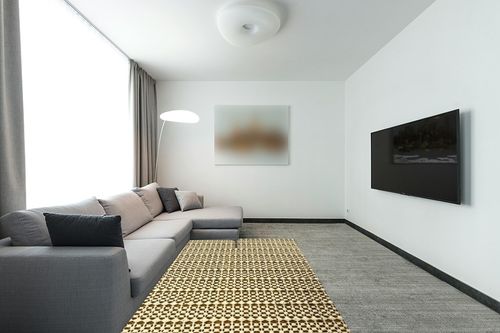 Superior Area Rug Pad, Non-Slip, Non-Skid, Floor Protector, Table Runner, Hardwood and Tile Floors Padding, Washable, Place Mats, Gripper Mat, Slide Stoppers, Rubber Rug Grip, 5' x 8', Cream in Modern Living Room with Grey Couch