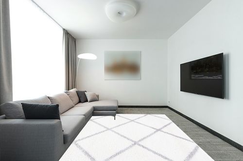 Safavieh Tahoe Shag Collection Area Rug - 8' x 10', White & Grey, Trellis Design, Non-Shedding & Easy Care, 1.2-inch Thick Ideal for High Traffic Areas in Living Room, Bedroom (THO676A) in Modern Living Room with Grey Couch