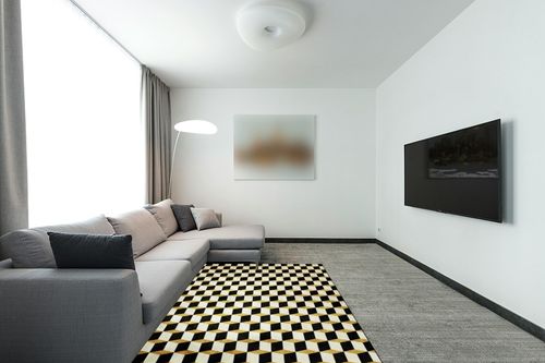 Black and White Checkered Area Rugs,5x7ft, Modern Geometric Rug, 3D Printing Three-Dimensional Grid Black and White Yellow Carpet, Perfect for The Bedroom, Living Room, Home Office, Kid's Room in Modern Living Room with Grey Couch
