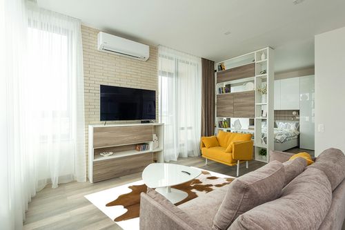 Pure Brown& White Superior Cowhides Rug 5x7ft 150cmx210cm in Light Modern Living Room with TV
