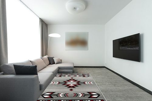 Home Dynamix Premium Sagrada Southwestern Geometric Area Rug, Grey/Red, 5'2"x7'4" in Modern Living Room with Grey Couch
