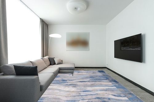 Safavieh Palma Collection Area Rug - 9' x 12', Beige & Blue, Modern Abstract Design, Non-Shedding & Easy Care, Ideal for High Traffic Areas in Living Room, Bedroom (PAM316A) in Modern Living Room with Grey Couch