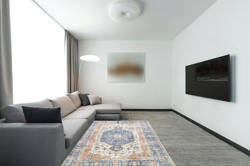 Caramont Blue Area Rug World Menagerie Rug Size: Rectangle 5' x 7'5" in Modern Living Room with Grey Couch