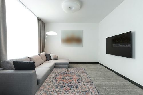Bloom Rugs Traditional Blue Multicolor Area Rug - Vintage Boho 5x7 Rug for Living Room, Bedroom and Kitchen (5'3" x 7'6") in Modern Living Room with Grey Couch