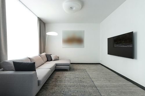 Mark&Day Wool Rugs, 5x7 Hello Traditional Navy Area Rug, Cream Navy Blue Carpet for Living Room, Bedroom or Kitchen (5' x 7'6") in Modern Living Room with Grey Couch