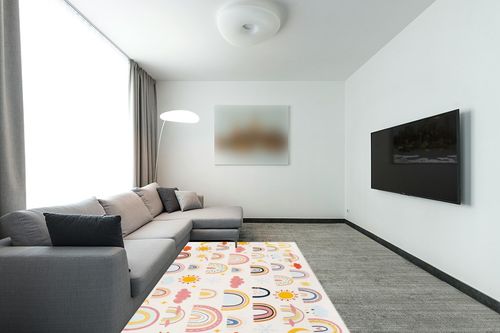 LTKOUGFAM Soft Kids Area Rug, Large Washable Space Mat, Non-Slip Cute Rainbow Weather Baby Crawling Floor Mat for Living Room Playroom Classroom Bathroom (59" x 39" S) in Modern Living Room with Grey Couch