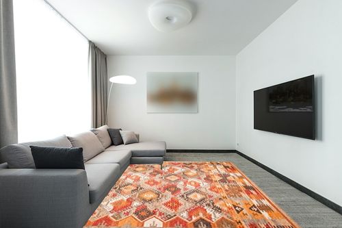 SAFAVIEH Canyon Collection Area Rug - 8' x 10', Brown & Multi, Handmade Boho Southwestern Tribal Wool, Ideal for High Traffic Areas in Living Room, Bedroom (CNY115B) in Modern Living Room with Grey Couch