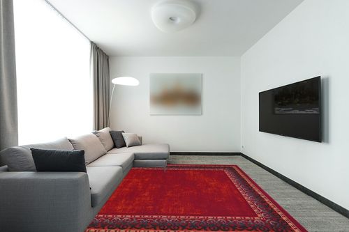 Antep Rugs Alfombras Bordered Modern 8x10 Non-Slip (Non-Skid) Low Pile Rubber Backing Indoor Area Rug (Maroon Red, 7'10" x 10') in Modern Living Room with Grey Couch