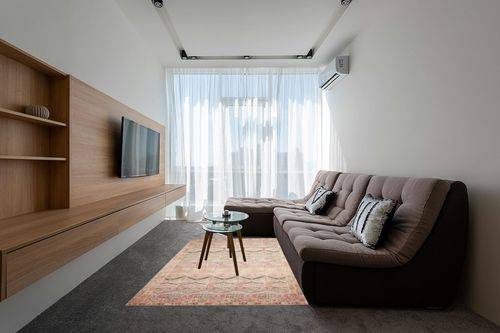 Loloi II Layla Collection LAY-17 Pink/Lagoon, Traditional 5'-0" x 7'-6" Area Rug in Grey Living Room with Brown Couch