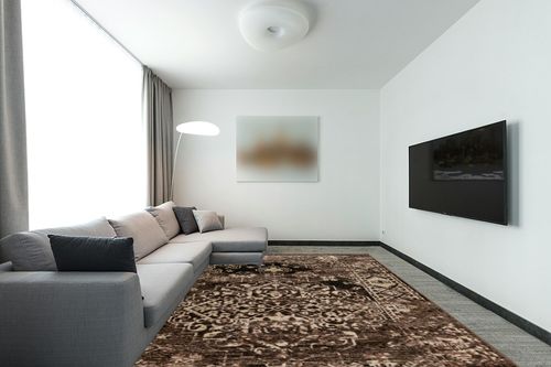 Linon RUGVT4591 Vintage Collection Nain Beige9x12, Brown, 9' x 12' in Modern Living Room with Grey Couch