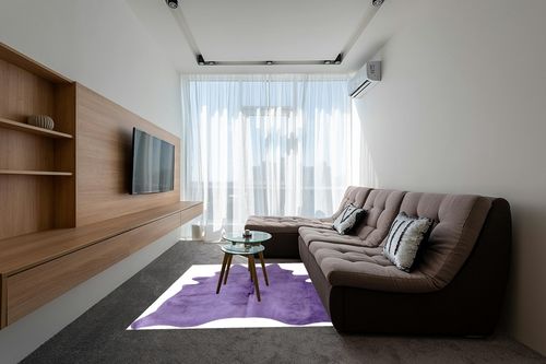 Natural Geneva Cowhide Area Rugs for Living Room and Bedroom | Handmade 100% Cow Rug with Low Pile | Shed-Resistant Home and Office Rug, Purple, 6 Ft x 7 Ft in Grey Living Room with Brown Couch