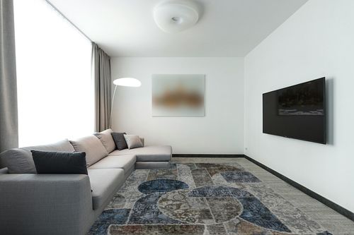9x12 Area Rugs for Living Room Bedroom, Machine Washable Rug with Low Pile Non-Slip Backing, Soft Large Area Rug Vintage Patchwork Indoor Floor Carpet for Dining Room Nursery Office-Blue/Grey in Modern Living Room with Grey Couch