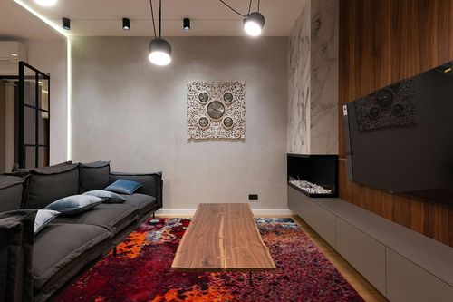 SAFAVIEH Glacier Collection 8' x 10' Red / Orange GLA124Q Modern Abstract Non-Shedding Living Room Bedroom Dining Home Office Area Rug in Dark Wood Living Room with Black Couch