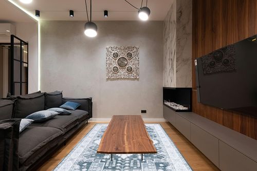 SAFAVIEH Arizona Collection Area Rug - 6' x 9', Grey Green & Ivory, Machine Washable & Slip Resistant, Distressed Design, Ideal for High Traffic Areas in Living Room, Bedroom, Dining (ARZ107F-6) in Dark Wood Living Room with Black Couch