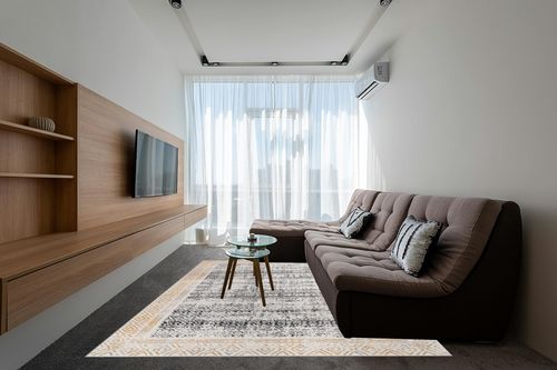 Rugshop Distressed Bohemian Border Stain Resistant Soft Area Rug 7' 10" x 10' Yellow in Grey Living Room with Brown Couch