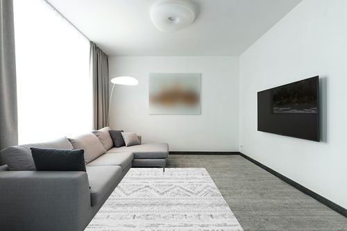 Area Rug Living Room Carpet: 5x7 Large Moroccan Soft Fluffy Geometric Washable Bedroom Rugs Dining Room Home Office Nursery Low Pile Decor Under Kitchen Table Gray/Ivory in Modern Living Room with Grey Couch