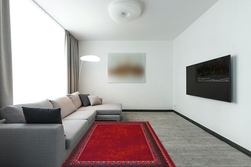 Antep Rugs Alfombras Bordered Modern 5x7 Non-Slip (Non-Skid) Low Pile Rubber Backing Indoor Area Rug (Maroon Red, 5' x 7') in Modern Living Room with Grey Couch