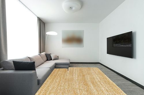 Safavieh Hudson Shag Collection Area Rug - 8' x 10', Gold & Ivory, Modern Abstract Design, Non-Shedding & Easy Care, 2-inch Thick Ideal for High Traffic Areas in Living Room, Bedroom (SGH295D) in Modern Living Room with Grey Couch