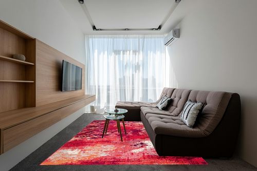 SAFAVIEH Madison Collection Area Rug - 8' x 10', Red & Ivory, Modern Boho Abstract Design, Non-Shedding & Easy Care, Ideal for High Traffic Areas in Living Room, Bedroom (MAD440Q) in Grey Living Room with Brown Couch