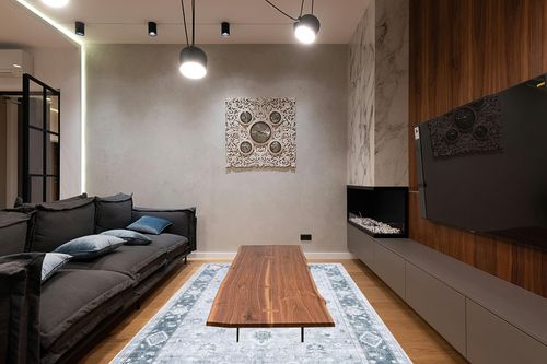 SAFAVIEH Arizona Collection Area Rug - 6' x 9', Light Grey & Grey Green, Machine Washable & Slip Resistant, Distressed Design, Ideal for High Traffic Areas in Living Room, Bedroom, Dining (ARZ118F-6) in Dark Wood Living Room with Black Couch