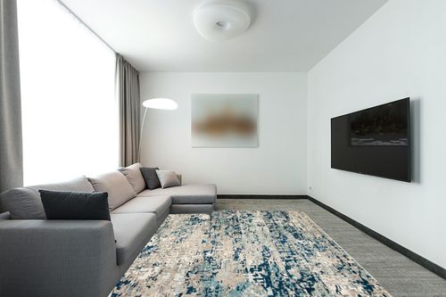 SAFAVIEH Madison Collection Area Rug - 8' x 10', Grey & Blue, Modern Abstract Design, Non-Shedding & Easy Care, Ideal for High Traffic Areas in Living Room, Bedroom (MAD460K) in Modern Living Room with Grey Couch