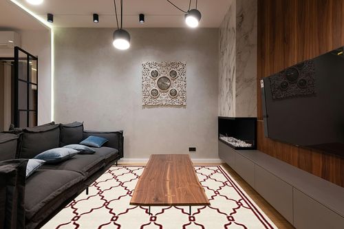 SAFAVIEH Amherst Collection Area Rug - 8' x 10', Ivory & Red, Trellis Design, Non-Shedding & Easy Care, Ideal for High Traffic Areas in Living Room, Bedroom (AMT414H) in Dark Wood Living Room with Black Couch