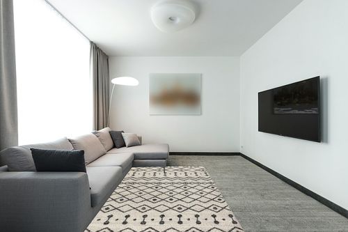 JONATHAN Y MOH208A-5 Aksil Moroccan Beni Souk Indoor Farmhouse Area-Rug Bohemian Minimalistic Geometric Easy-Cleaning Bedroom Kitchen Living Room Non Shedding, 5 ft x 8 ft, Cream/Black in Modern Living Room with Grey Couch