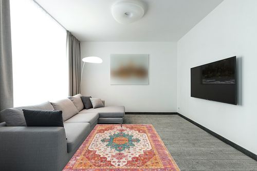 Moynesa Ultra-Thin Washable Vintage Area Rug - 5x7 Large Bedroom Boho Non-Slip Non-Shedding Living Room Mat Oriental Medallion Floor Carpet for Kids Nursery Room Office, Pink/Teal/Multi in Modern Living Room with Grey Couch