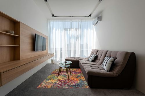 Unique Loom Jardin Collection Colorful, Vibrant, Abstract, Modern Area Rug, 5 ft 0 x 8 ft 0 Rectangular, Multi/Blue in Grey Living Room with Brown Couch