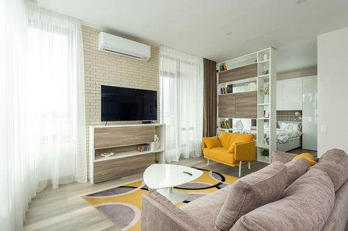 Yellow Contemporary Stain Resistant, non slip Area Rug in Light Modern Living Room with TV