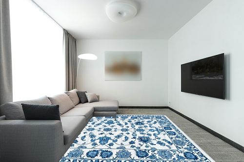 Unique Loom Boston Collection Area Rug - Floral (7' 10" x 10' Rectangle, White Blue/ Gray) in Modern Living Room with Grey Couch