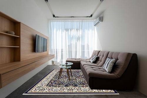 Unique Loom Narenj Collection Area Rug - Bristol (7' 10" x 10' Rectangle, Navy Blue/ Beige) in Grey Living Room with Brown Couch