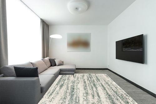 Safavieh Hudson Shag Collection Area Rug - 8' x 10', Ivory & Green, Modern Design, Non-Shedding & Easy Care, 2-inch Thick Ideal for High Traffic Areas in Living Room, Bedroom (SGH206Y) in Modern Living Room with Grey Couch