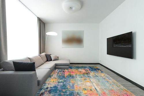 Nourison Celestial Blue/Yellow 9' x 12' Area Rug, Contemporary, Abstract, Easy Cleaning, Non Shedding, Bed Room, Living Room, Dining Room, Kitchen (9x12) in Modern Living Room with Grey Couch