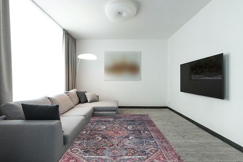 SAFAVIEH Tucson Collection Area Rug - 6' x 9', Dark Green & Rust, Persian Design, Non-Shedding Machine Washable & Slip Resistant Ideal for High Traffic Areas in Living Room, Bedroom (TSN175Y) in Modern Living Room with Grey Couch