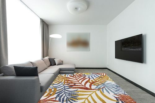 JONATHAN Y AMC100B-8 Tropics Palm Leaves Indoor Outdoor Area-Rug Bohemian Floral Easy-Cleaning High Traffic Bedroom Kitchen Backyard Patio Porch Non Shedding, 8 X 10, Cream/Orange in Modern Living Room with Grey Couch