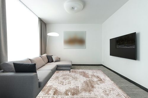 Eyely PDM400B-8 Modern Alhambra Ornate Medallion Indoor Area Rug Bohemian;Transitional;Traditional, Bedroom, Kitchen, Living Room, Easy-Cleaning, Non-Shedding, 8 X 10, Brown/Cream in Modern Living Room with Grey Couch