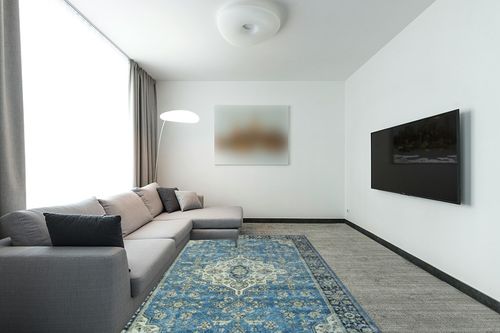 SUPERIOR Washable Indoor Large Area Rug, Home Floor Decor for Kitchen, Office, Bedroom, Living/Dining Room, Entryway, Farmhouse, Unique Space, Damask Medallion Pattern, Jay Collection, 6' x 9' in Modern Living Room with Grey Couch