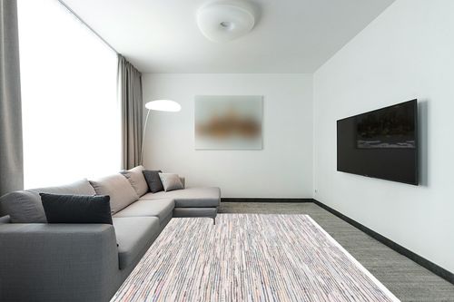 SAFAVIEH Rag Rug Collection Area Rug - 8' x 10', Ivory & Multi, Handmade Boho Stripe Cotton, Ideal for High Traffic Areas in Living Room, Bedroom (RAR125B) in Modern Living Room with Grey Couch