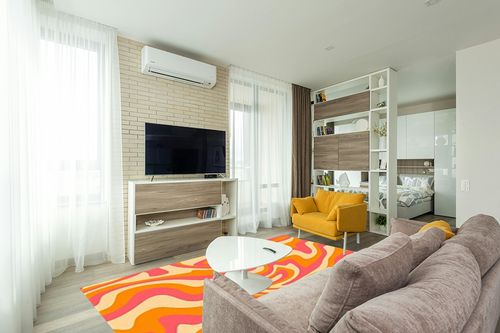 PeeNoke 1970 Wavy Swirl Seamless Orange Pink Colors Hand Drawn Seventies Style Area Rug Outdoor Patio Rug Play Mat Floor Mat Modern Carpet Non-Slip Home Decor Living Room Bedroom Nursery, 6x9 ft in Light Modern Living Room with TV