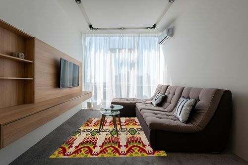 SAFAVIEH Ikat Collection Area Rug - 6' x 9', Beige & Yellow, Handmade Wool, Ideal for High Traffic Areas in Living Room, Bedroom (IKT464A) in Grey Living Room with Brown Couch