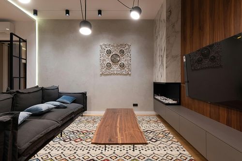 Ivory/Multi Transitional Non Slip Living Room Area Rug in Dark Wood Living Room with Black Couch
