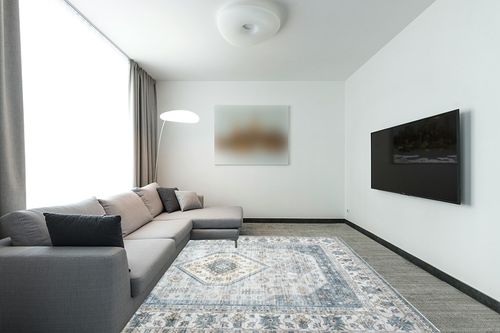 ROYHOME 8x10 Area Rug Vintage Area Rug Stain Resistant Indoor Area Rug Low Pile Non Slip Waterproof Area Rug Machine Washable Rug for Living Room Bedroom, 8' x 10' Blue in Modern Living Room with Grey Couch