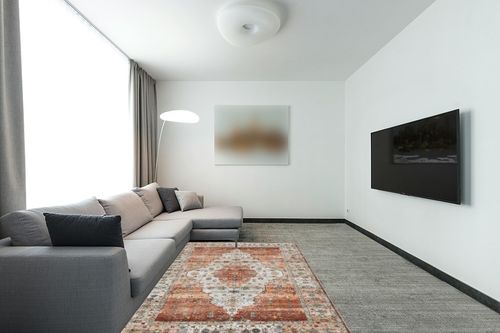 IKALIFE Ultra-Thin Washable Vintage Area Rug 5'x 7' for Living Room, Low-Pile Area Rugs Non-Shed Non Slip, Unique Chenille Printed Home Decor, Perfect for Bedroom Dining Room Kitchen, Orange in Modern Living Room with Grey Couch