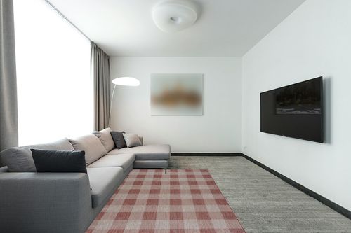 CAMILSON Buffalo Plaid Outdoor Rug – Check Area Rugs for Indoor and Outdoor Patios, Checkered Pattern Mats for Kitchen and Hallway - Washable Outside Carpet (5x7, Copper/Grey) in Modern Living Room with Grey Couch