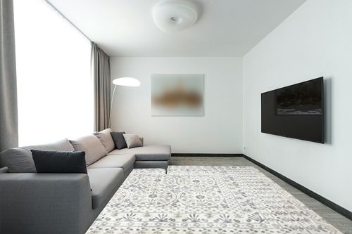 Loloi Rifle Paper Co. x Maison Rosette Ivory 8'-4" x 11'-6" Area Rug in Modern Living Room with Grey Couch